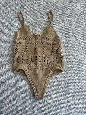 SHE MADE ME Crochet One-Piece Swimsuit in Taupe
